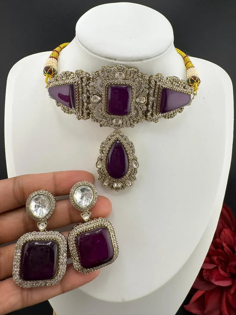 Premium Moissanite Kundan, CZ, Doublet stones Designer Choker necklace
