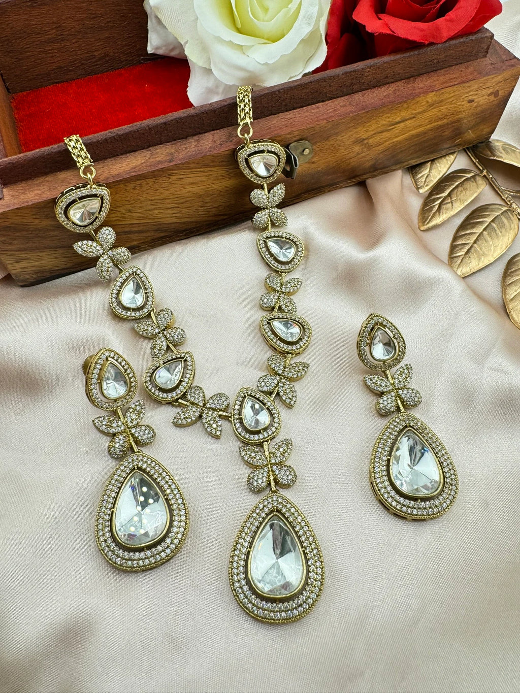 Premium Victorian Long Necklace set with long earrings with Moissanite Kundan and Cubic Zirconia