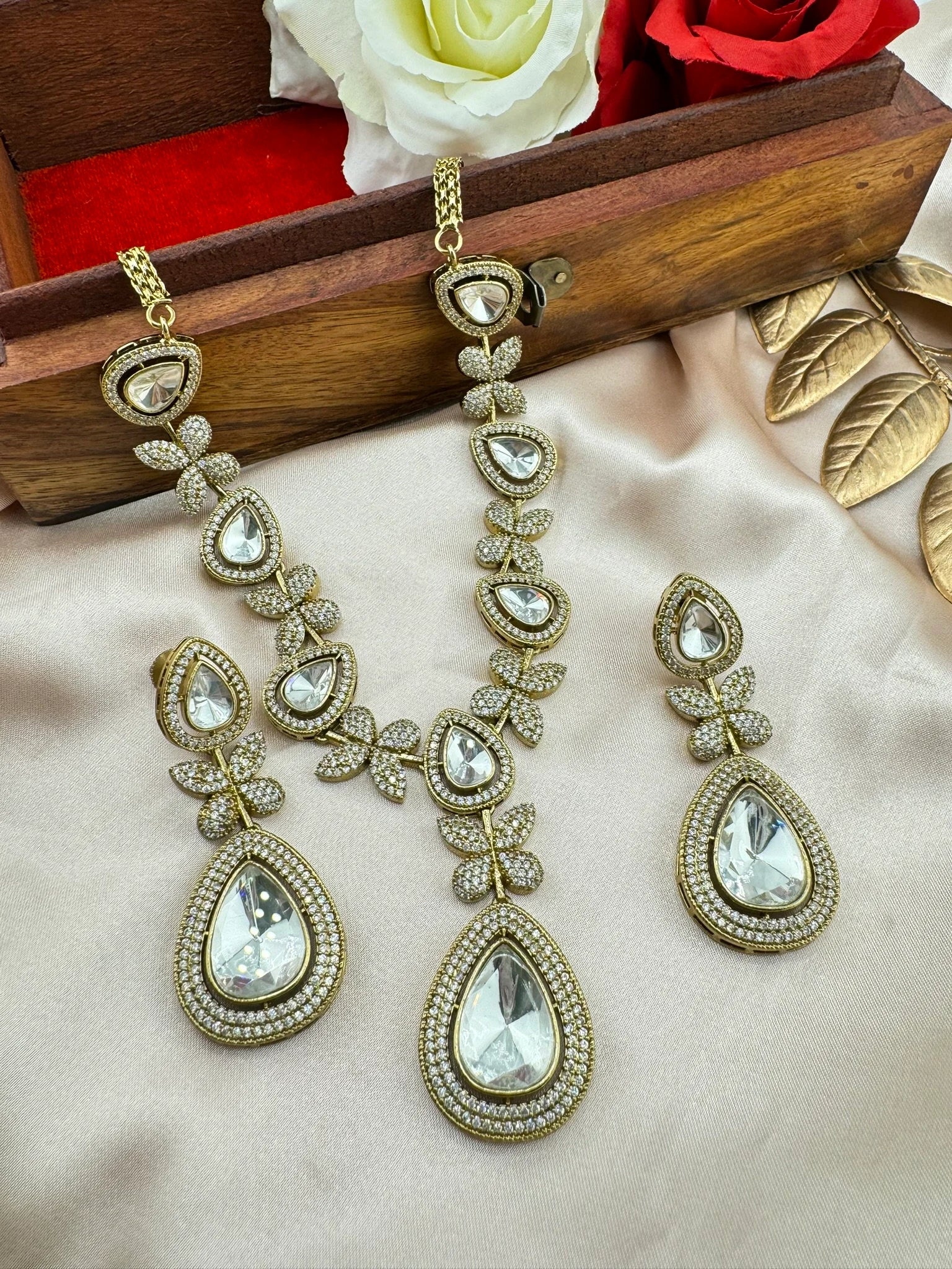 Premium Victorian Long Necklace set with long earrings with Moissanite Kundan and Cubic Zirconia