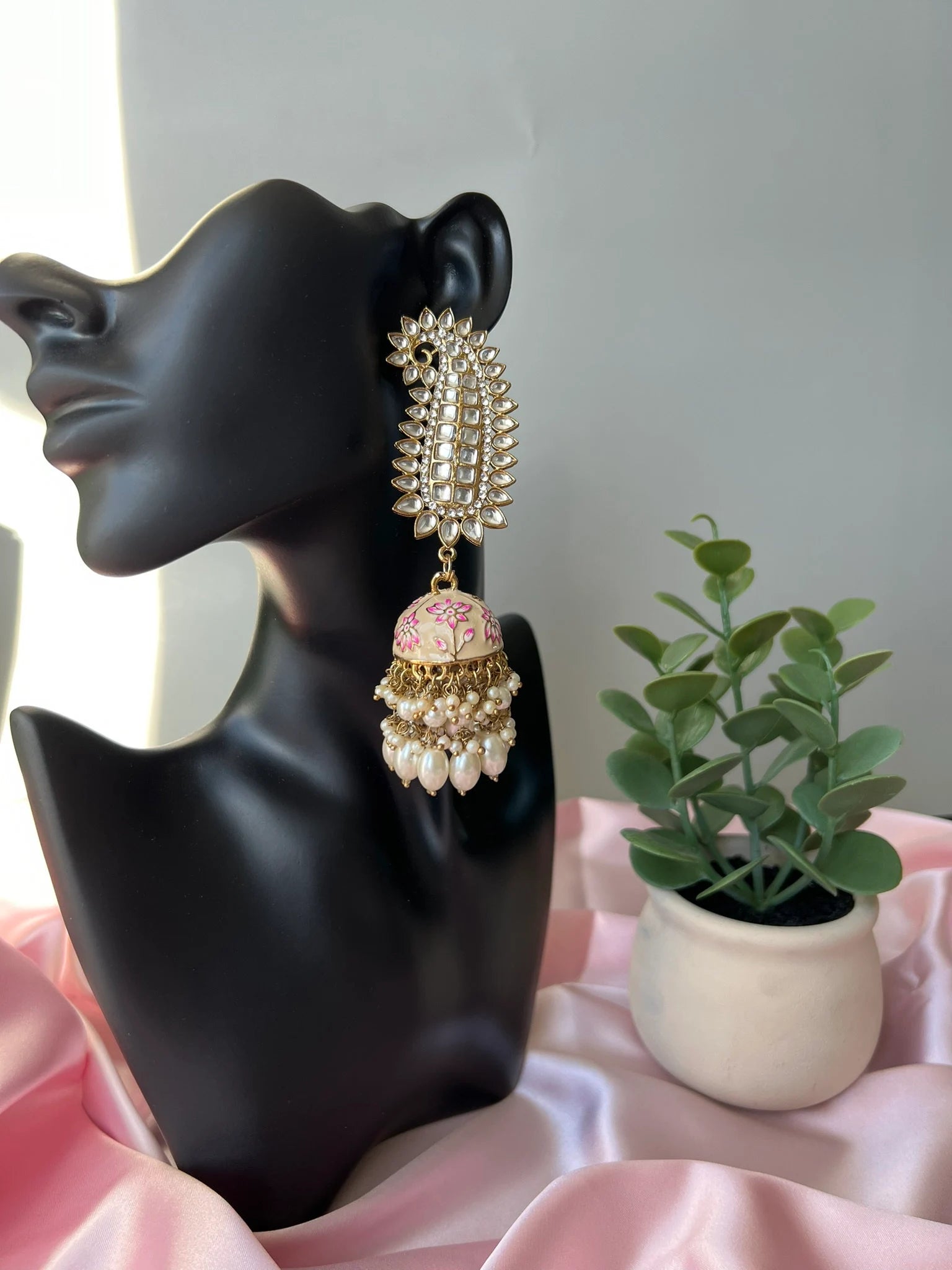Ivory and Gold Long Jhumka with Minakari work, kundan and pearls details