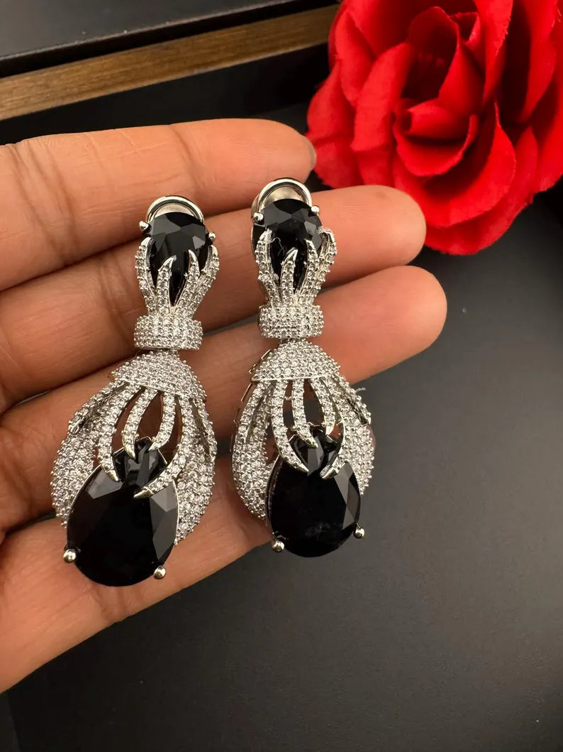 Premium Nano Setting Cubic Zirconia Chandelier earrings with Black Stone