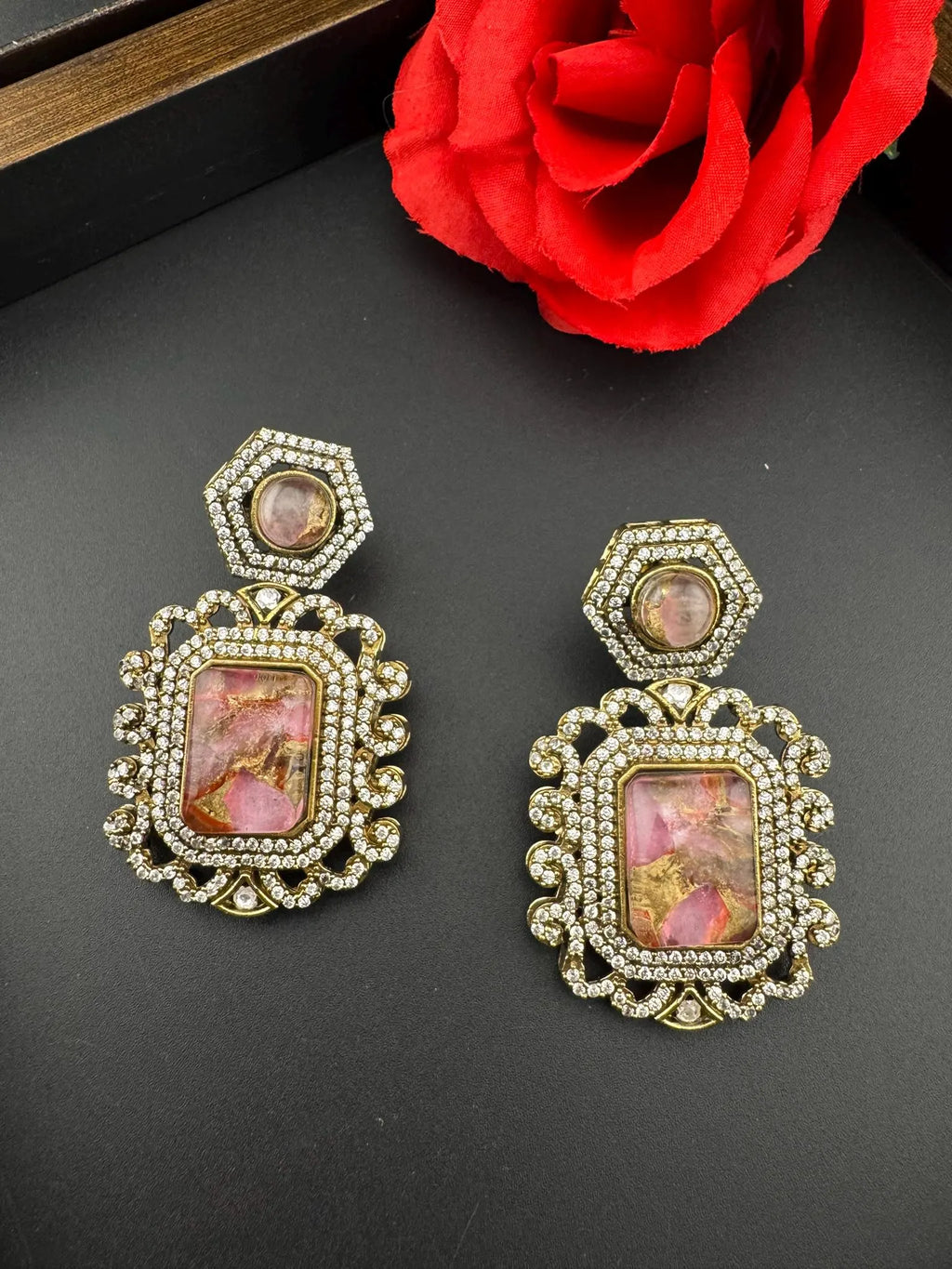 Premium Drop earrings with Marble Doublet stone and cubic zirconia, Gold polish
