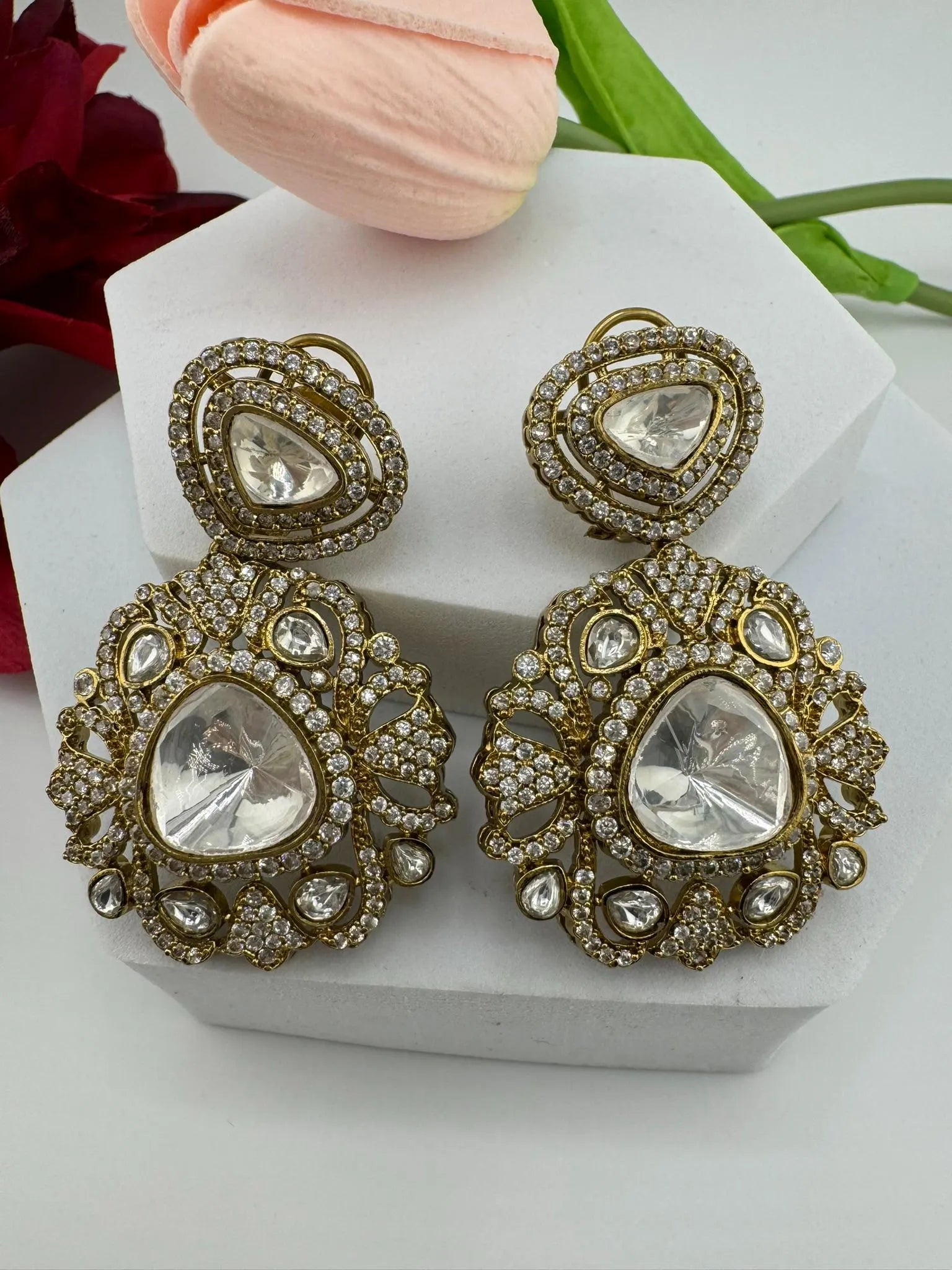 Premium Designer Moissanite Uncut Kundan and details of CZ Dangle earrings