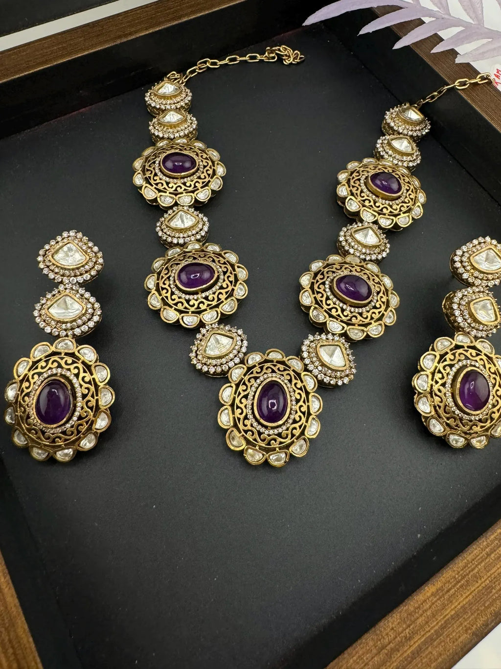 Amrapali inspired Premium fusion Necklace set in Moissanite, uncut Kundan, CZ and Doublet stones in matt gold finish with earrings