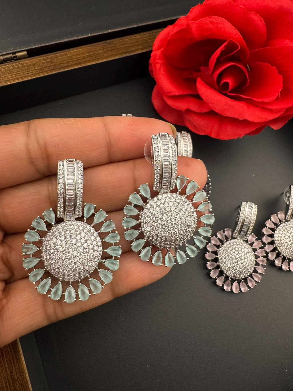 Premium Nano Setting Cubic Zirconia Chandelier earrings in Crystal stones in silver color Statement earrings