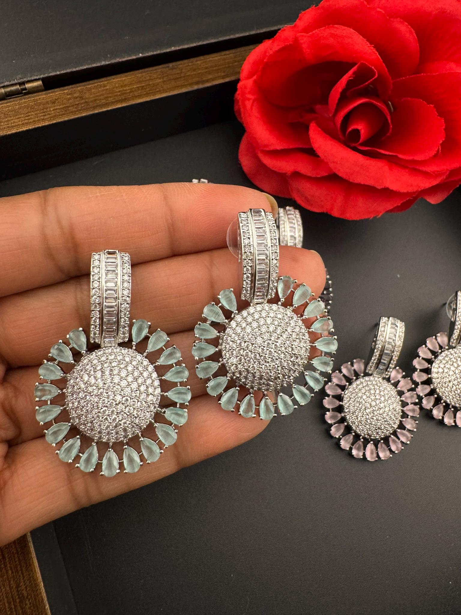 Premium Nano Setting Cubic Zirconia Chandelier earrings in Crystal stones in silver color Statement earrings