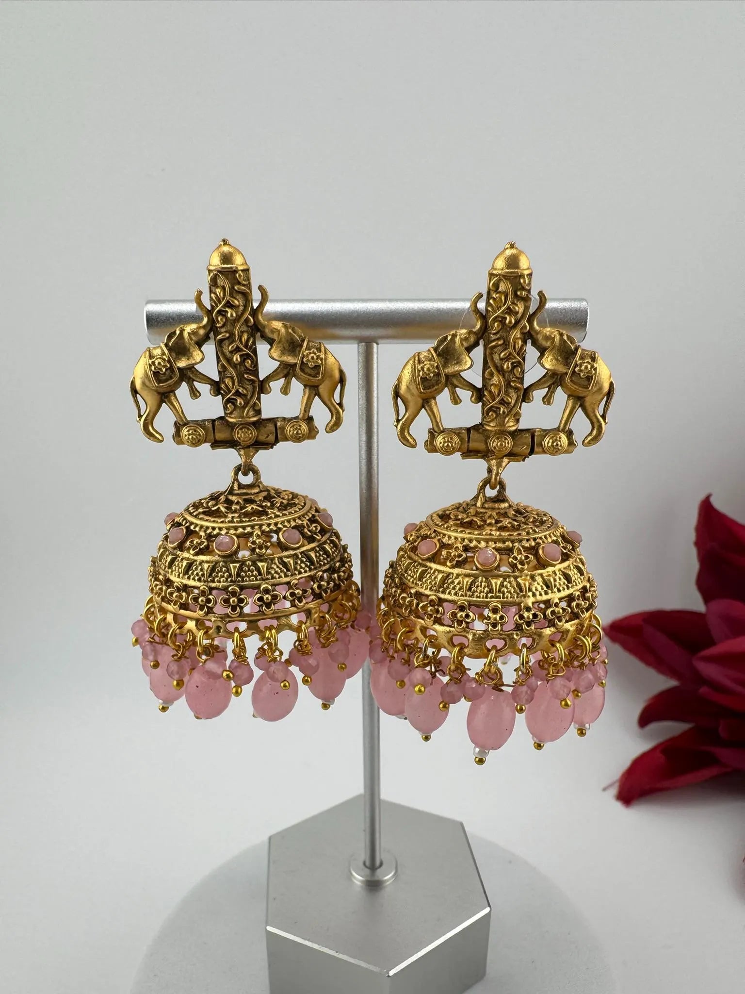Amrapali inspired Premium Pink stones and pearls jhumka, Matt Gold designer earrings