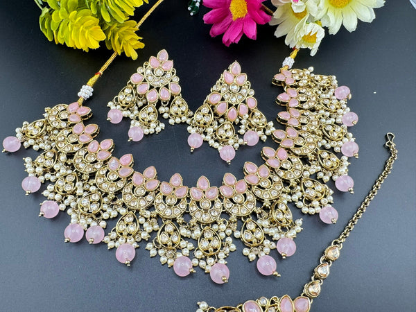 Polki Pink Necklace set with long earring and Tika/ semi-bridal set with Tika