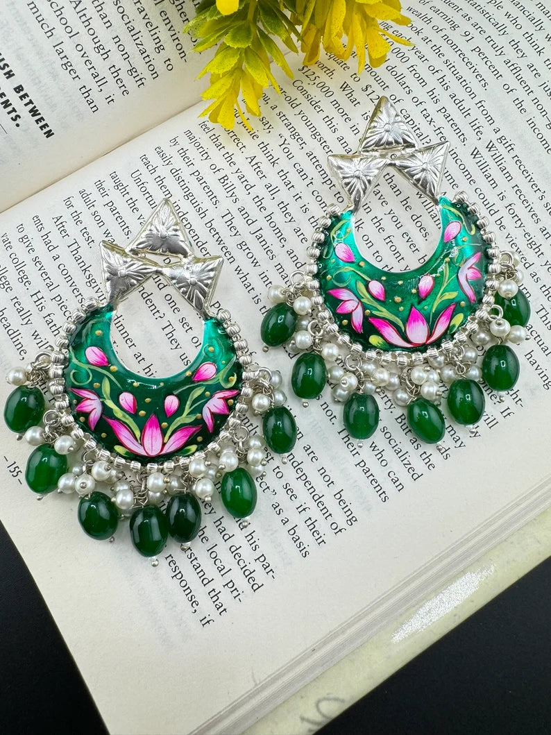 High Polish Minakari Oxidized German silver Chand Bali, Emerald Green