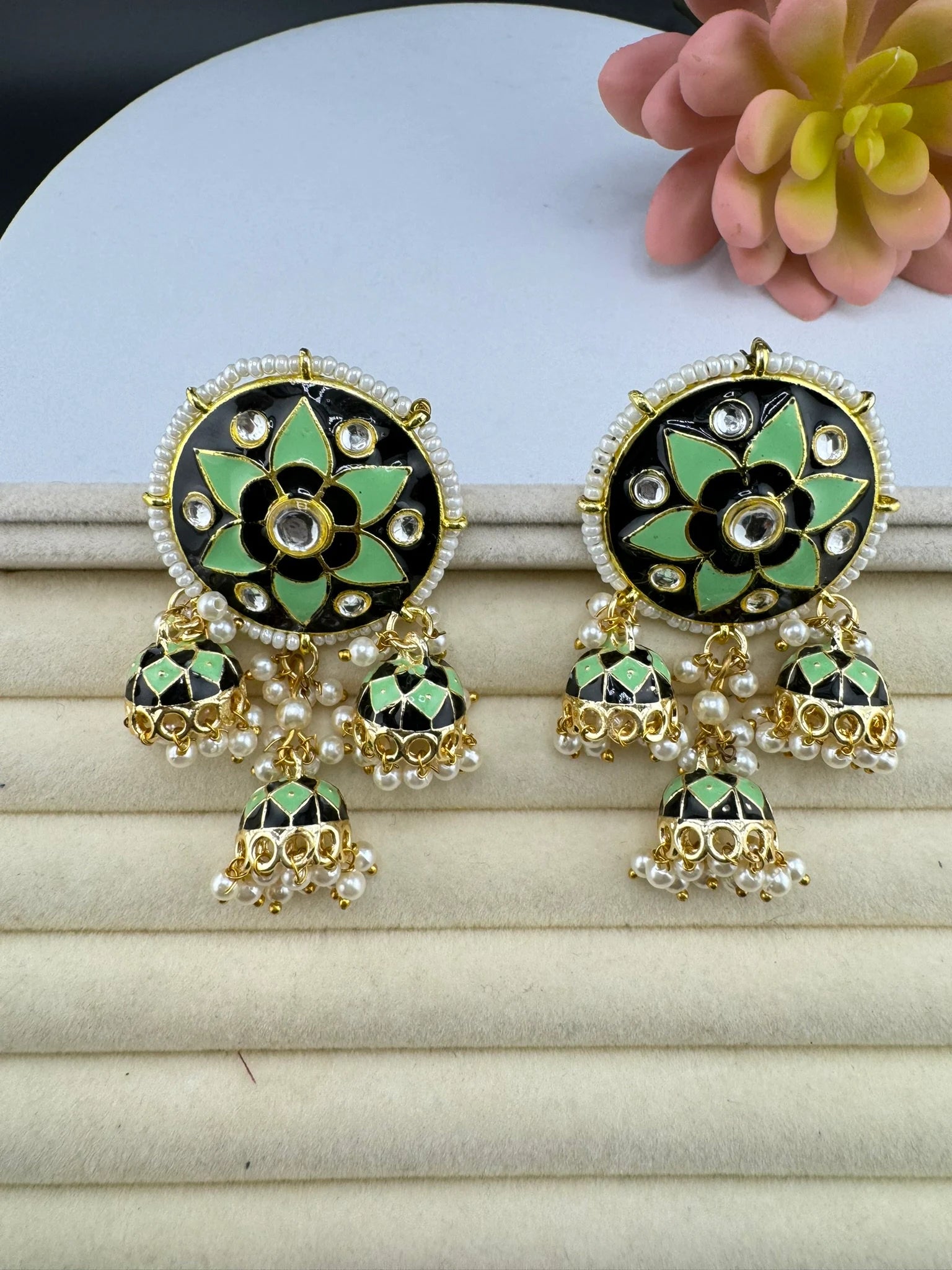 Minakari Stud with Jhumka with Kundan and pearls Earrings