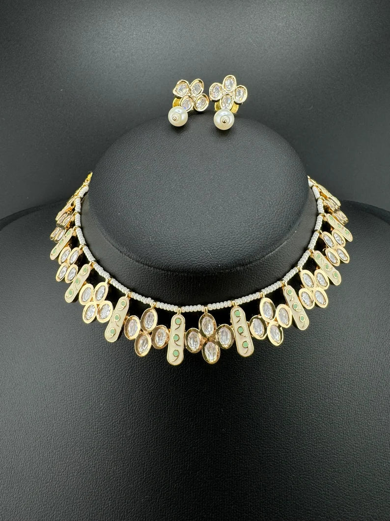 Premium Quality Tyaani Kundan, Italian Minakari Necklace with studs earring