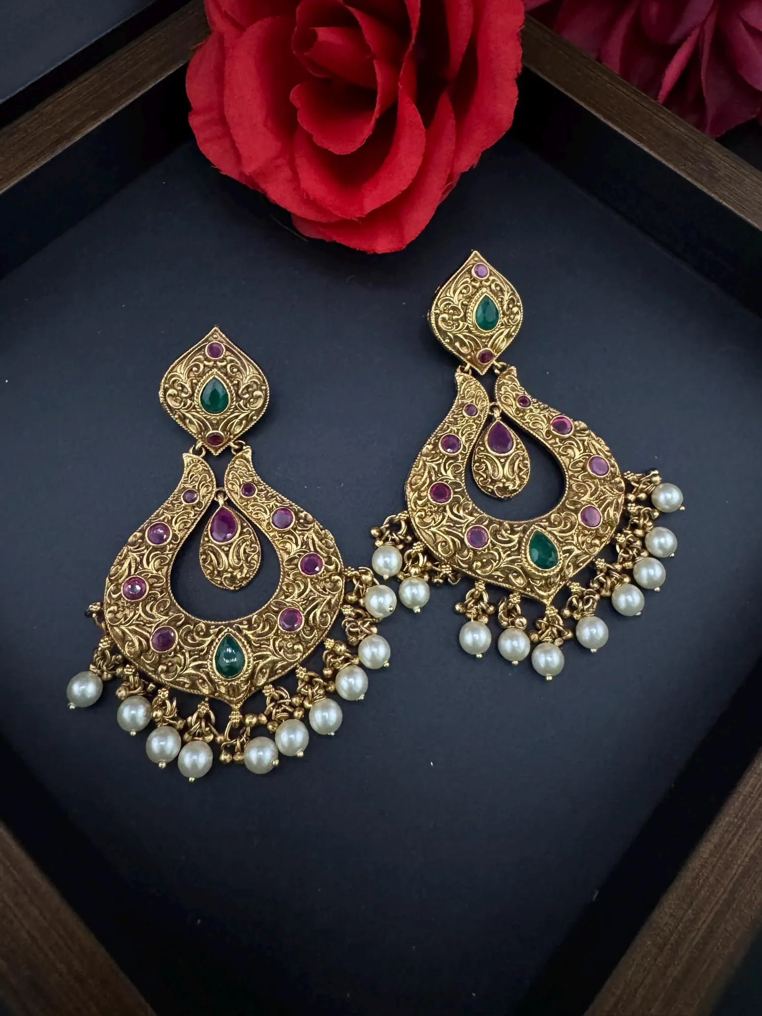 Amrapali inspired Premium Ruby and Green Pachi kundan Chand Bali in Matt Gold and Pearls designer Chandelier