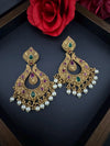 Amrapali inspired Premium Ruby and Green Pachi kundan Chand Bali in Matt Gold and Pearls designer Chandelier