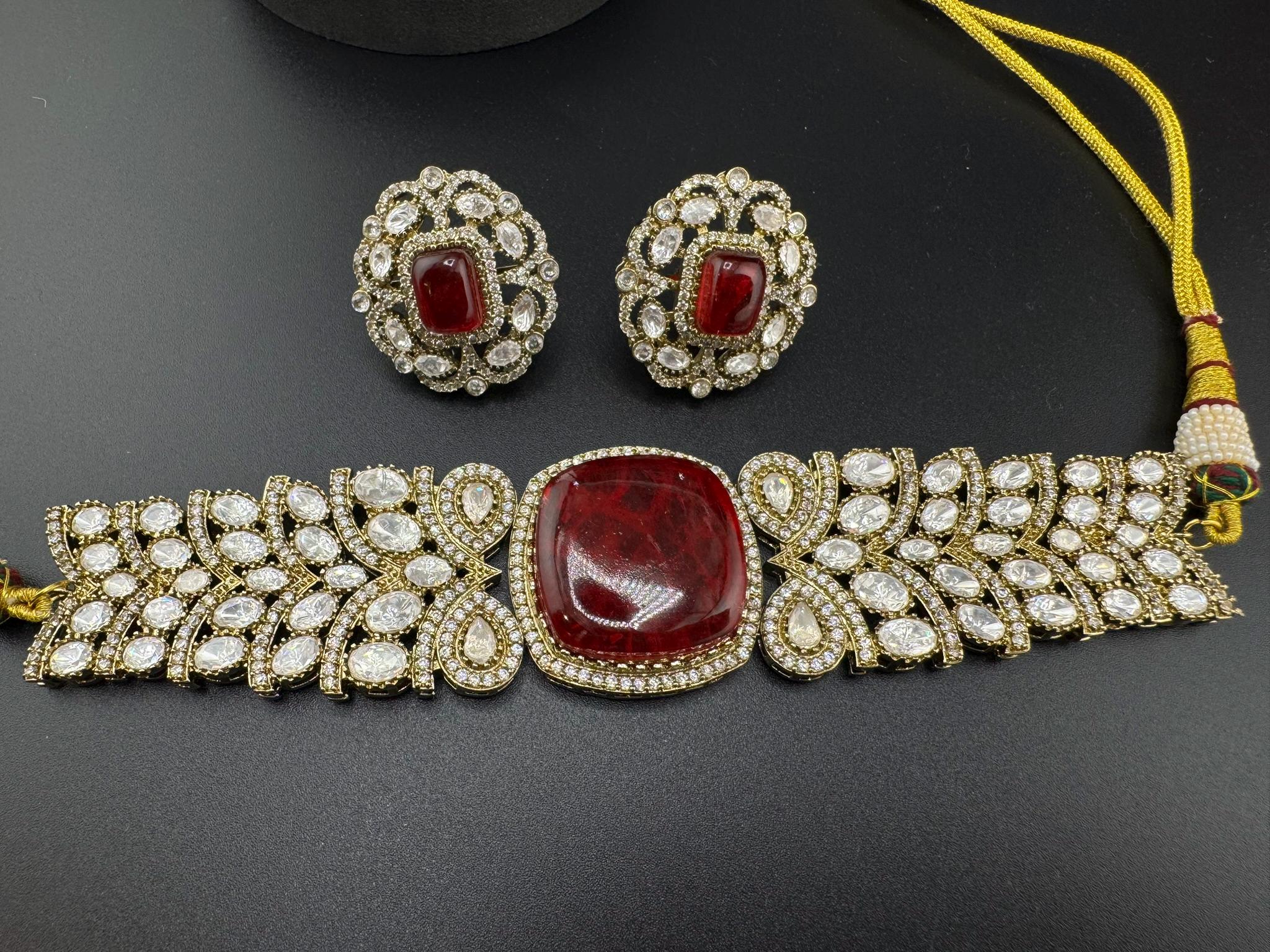 Dark Red Premium Quality Moissanite Kundan, CZ, Doublet stones is Designer Choker necklace set with Big Stud earrings