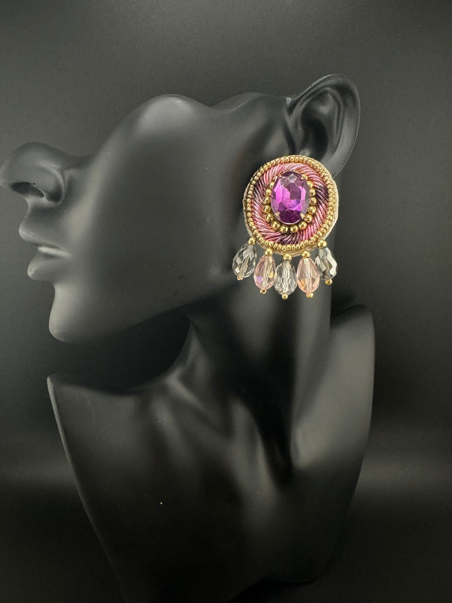 Beaded Crystal Purple Oval Big Studs Quirky earring/Handmade earrings