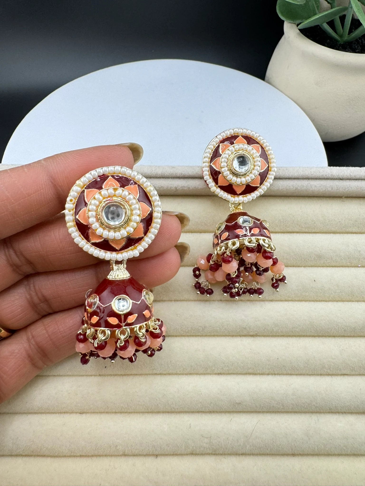 Minakari with Kundan and pearls Jhumka Earrings