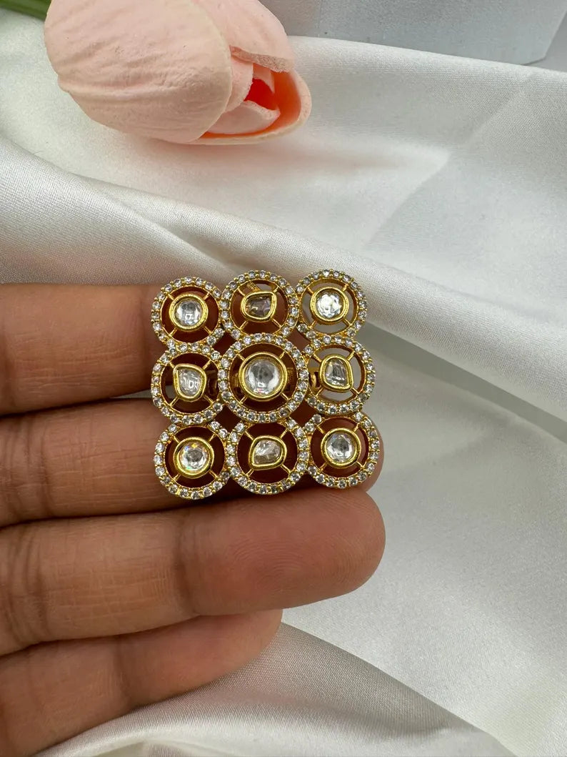 Moissanite Kundan Adjustable Square Finger Ring, Tyaani inspired
