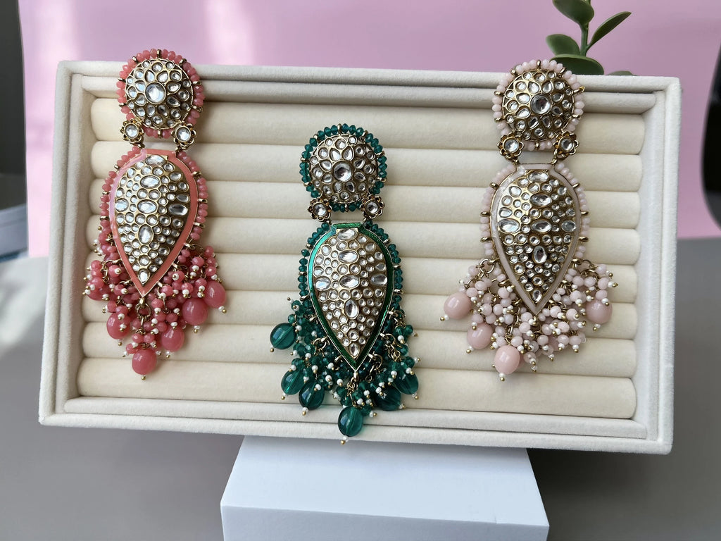 Exquisite detailed Gold and Coral color long Chand Bali Earrings with kundan and pearls