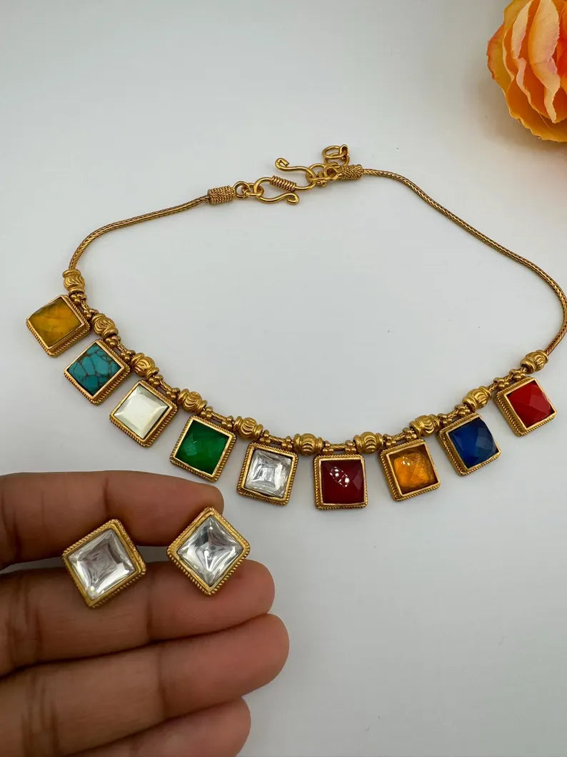 Premium Necklace in Multicolor stone, Kundan in Matt Gold with studs earring