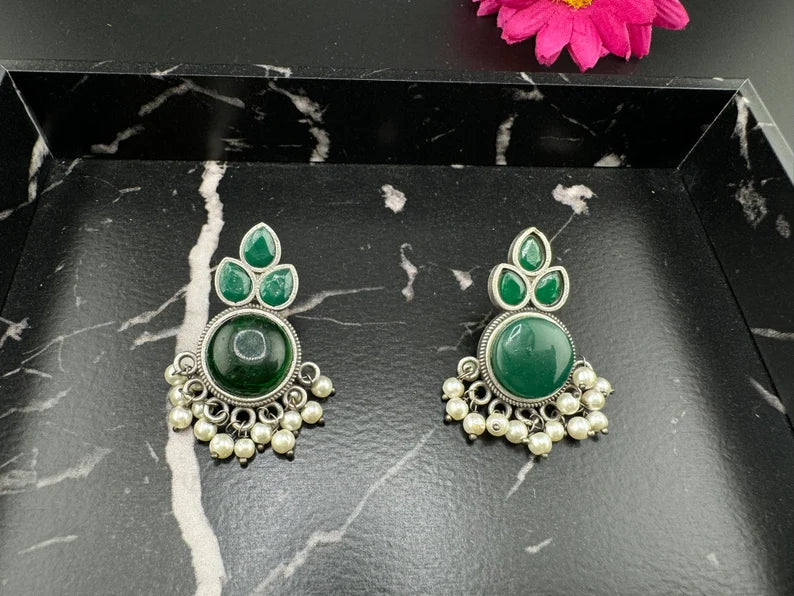 Green Monalisa and pearls stud Oxidized German Silver earring