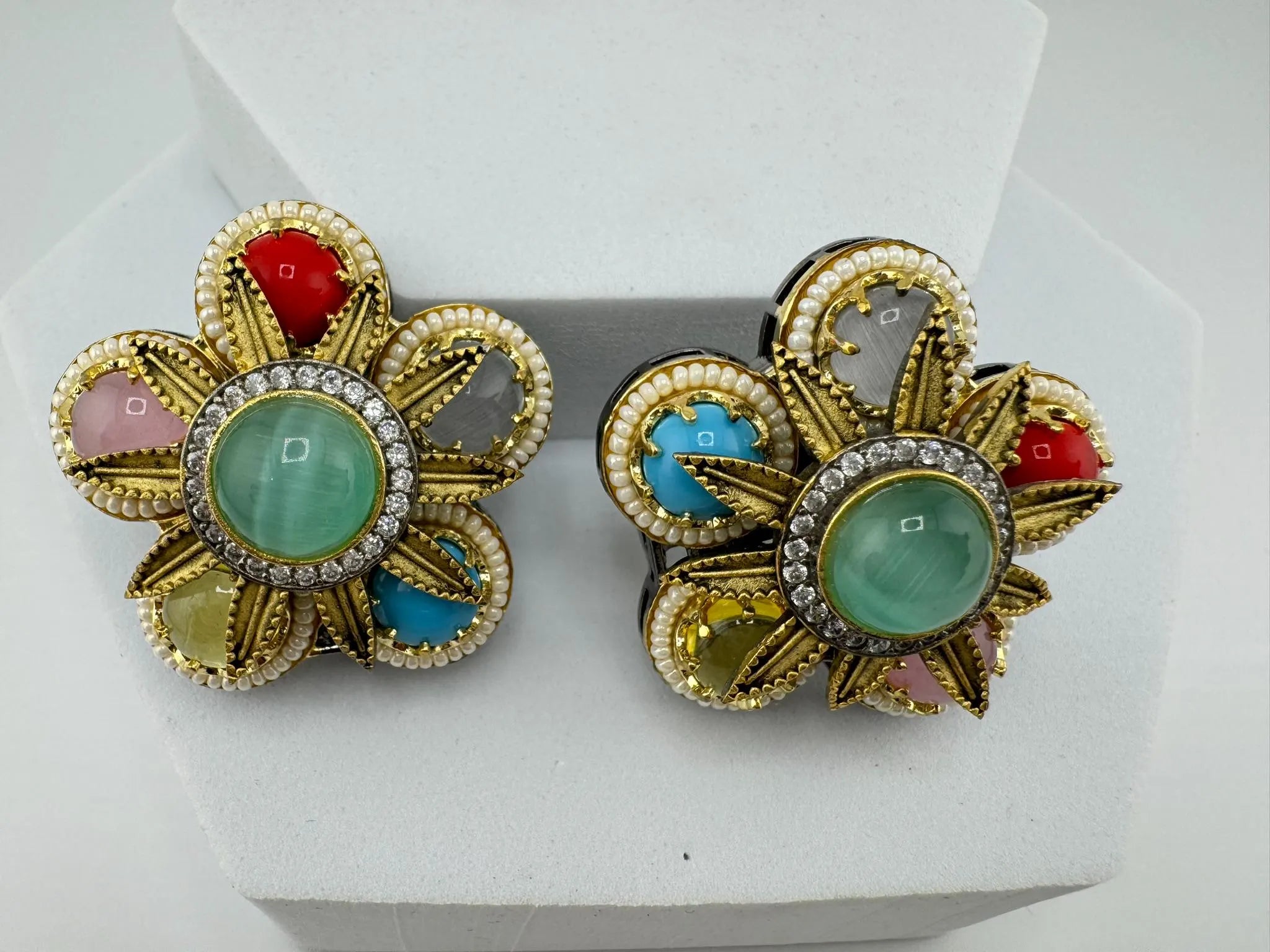 Sabyasachi inspired Premium designer Stud Earrings in Multicolor Natural stone, CZ and pearls