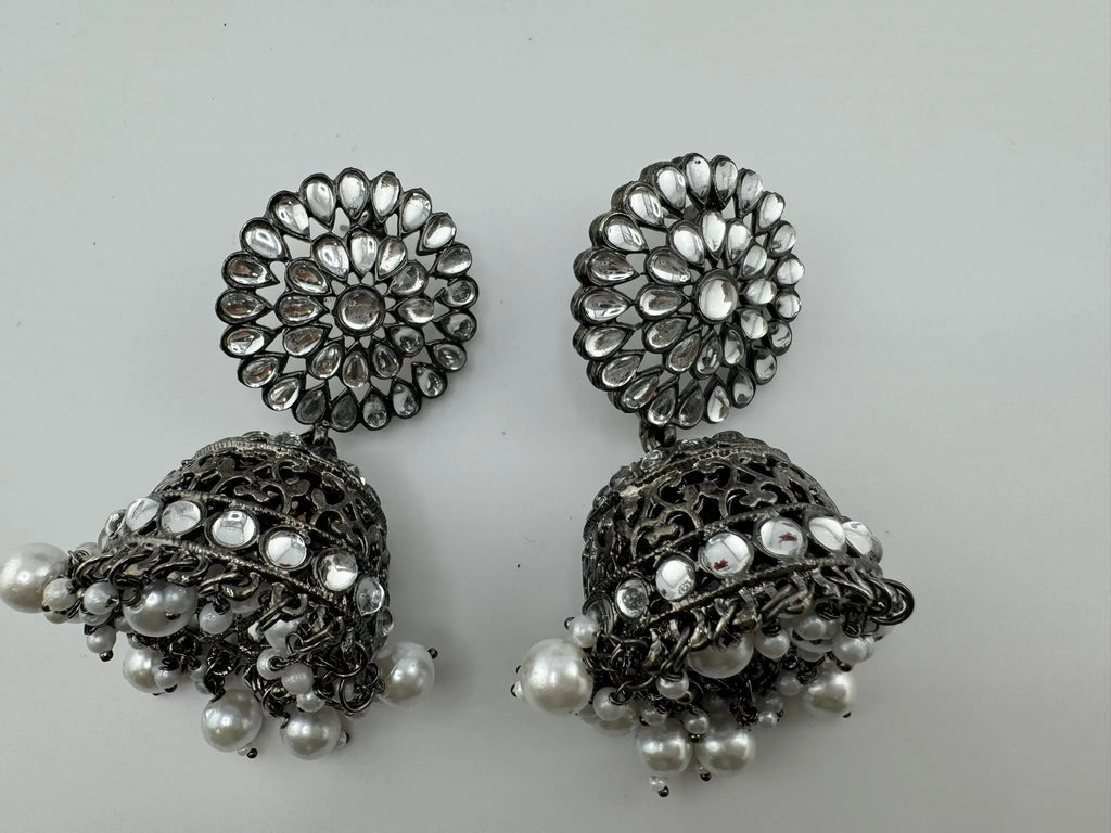 Dark Silver Polish Oxidized earrings Jhumka with stones and pearls