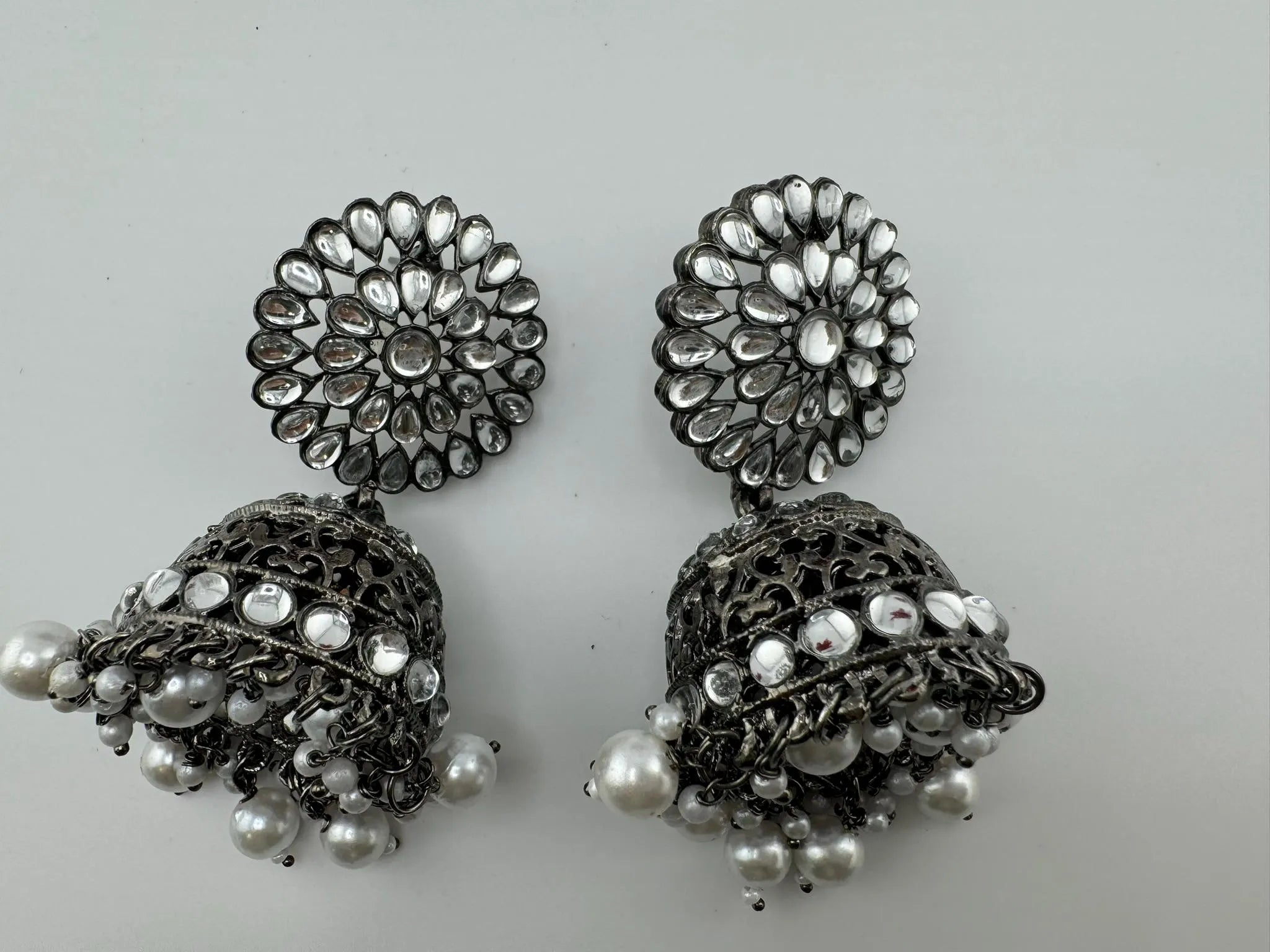 Dark Silver Polish Oxidized earrings Jhumka with stones and pearls