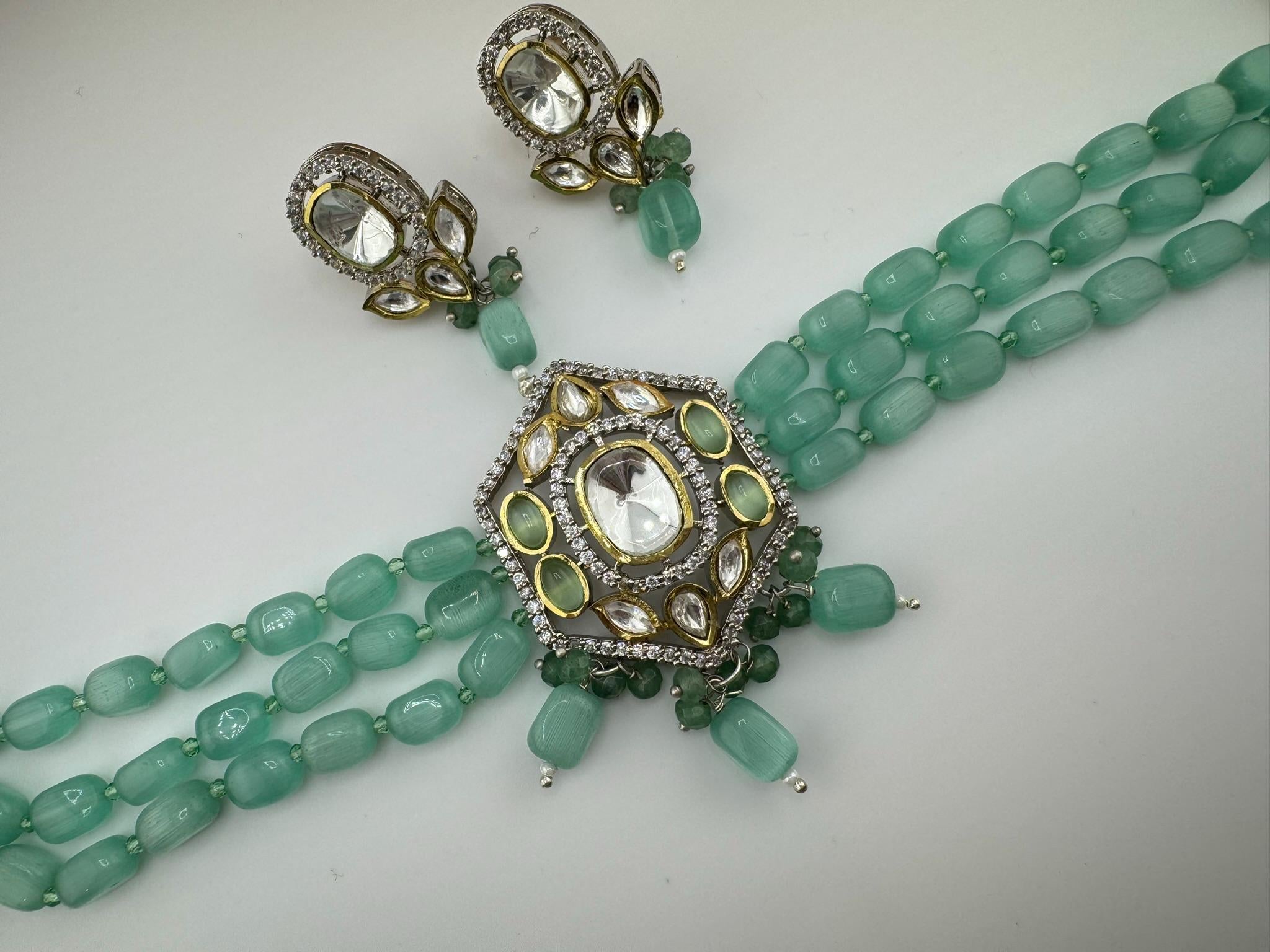 Tyaani Inspired Premium Fusion necklace with HQ Kundan, onyx beads and natural stones