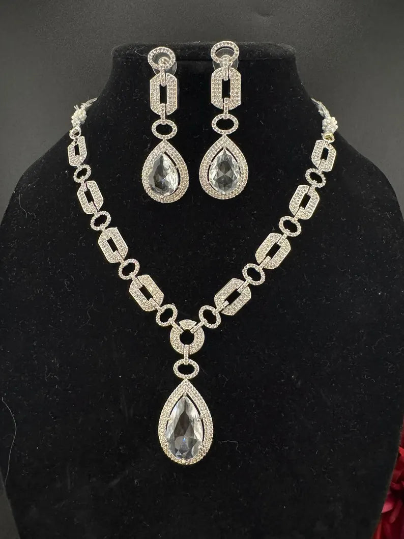 Silver polish American Diamond, Cubic Zirconia Chain style Clear Necklace set