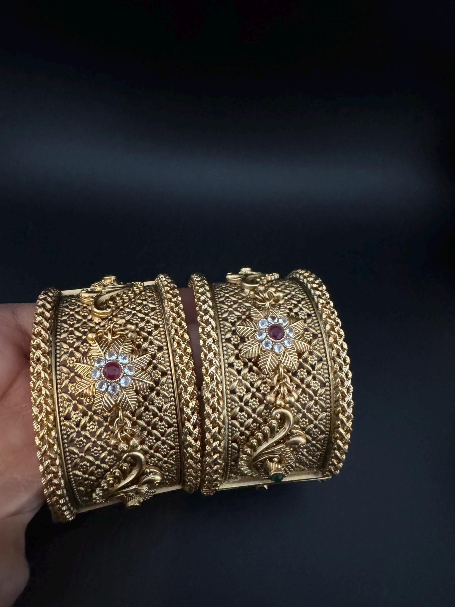 Amrapali inspired Designer bangles set, Openable Matt Gold Broad bangle set size-2.4"