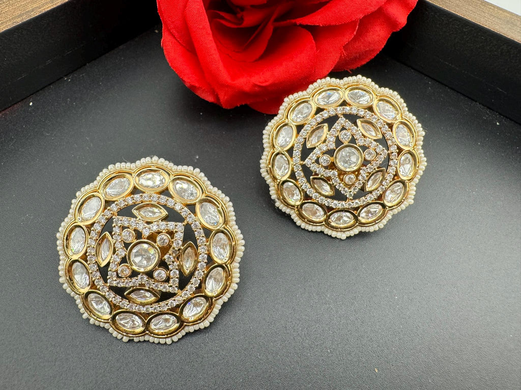 Tyaani inspired Designer Premium Moissanite Kundan and CZ  Big studs earrings