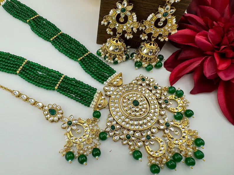 Kundan Bridal Long Necklace Set with Jhumka and Tikka