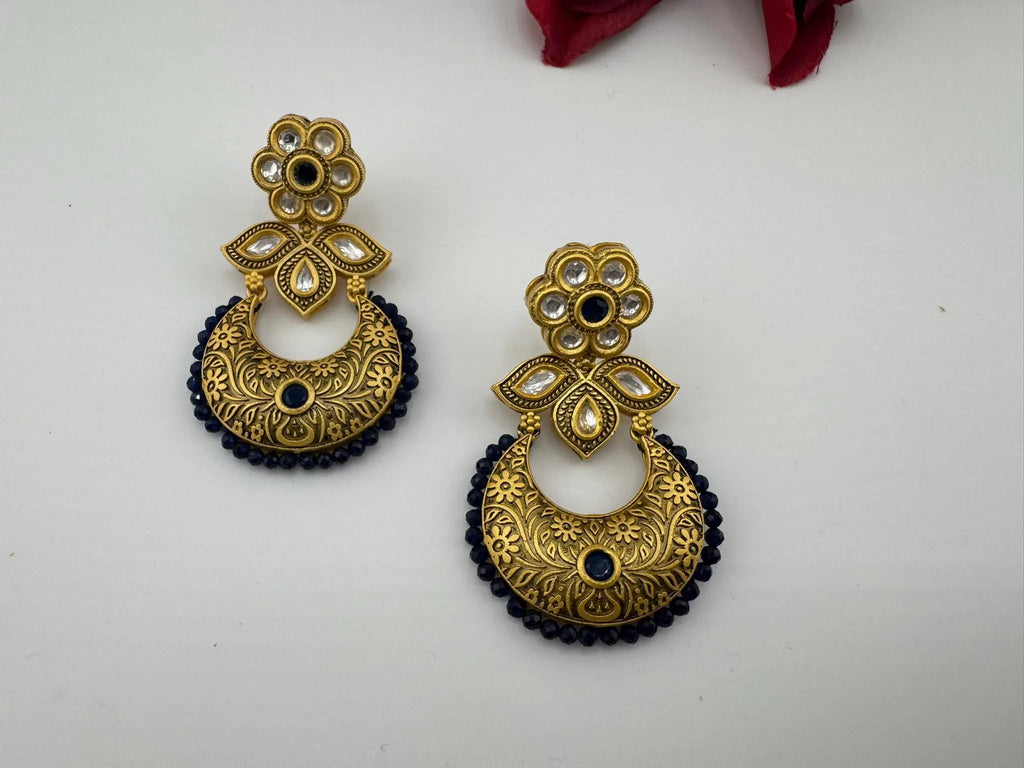 Premium kundan and Blue onyx beads Chand Bali in Matt Gold Amrapali inspired designer earrings