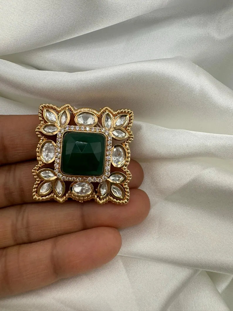 Moissanite Kundan and Green Stone Adjustable Square Finger Ring, Tyaani inspired