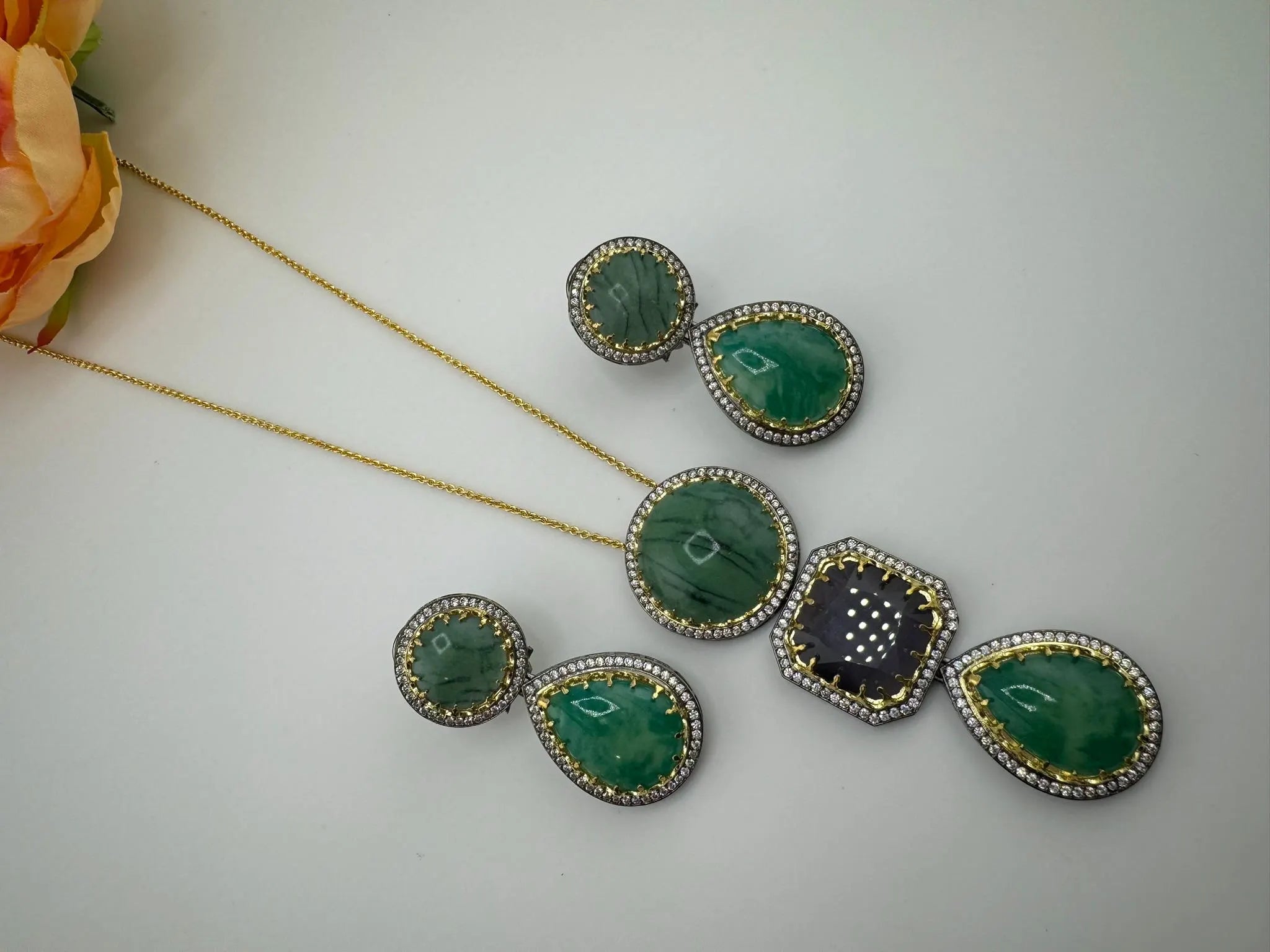 Sabyasachi Inspired Premium doublet stone, CZ, natural stones Pendant set with long earrings