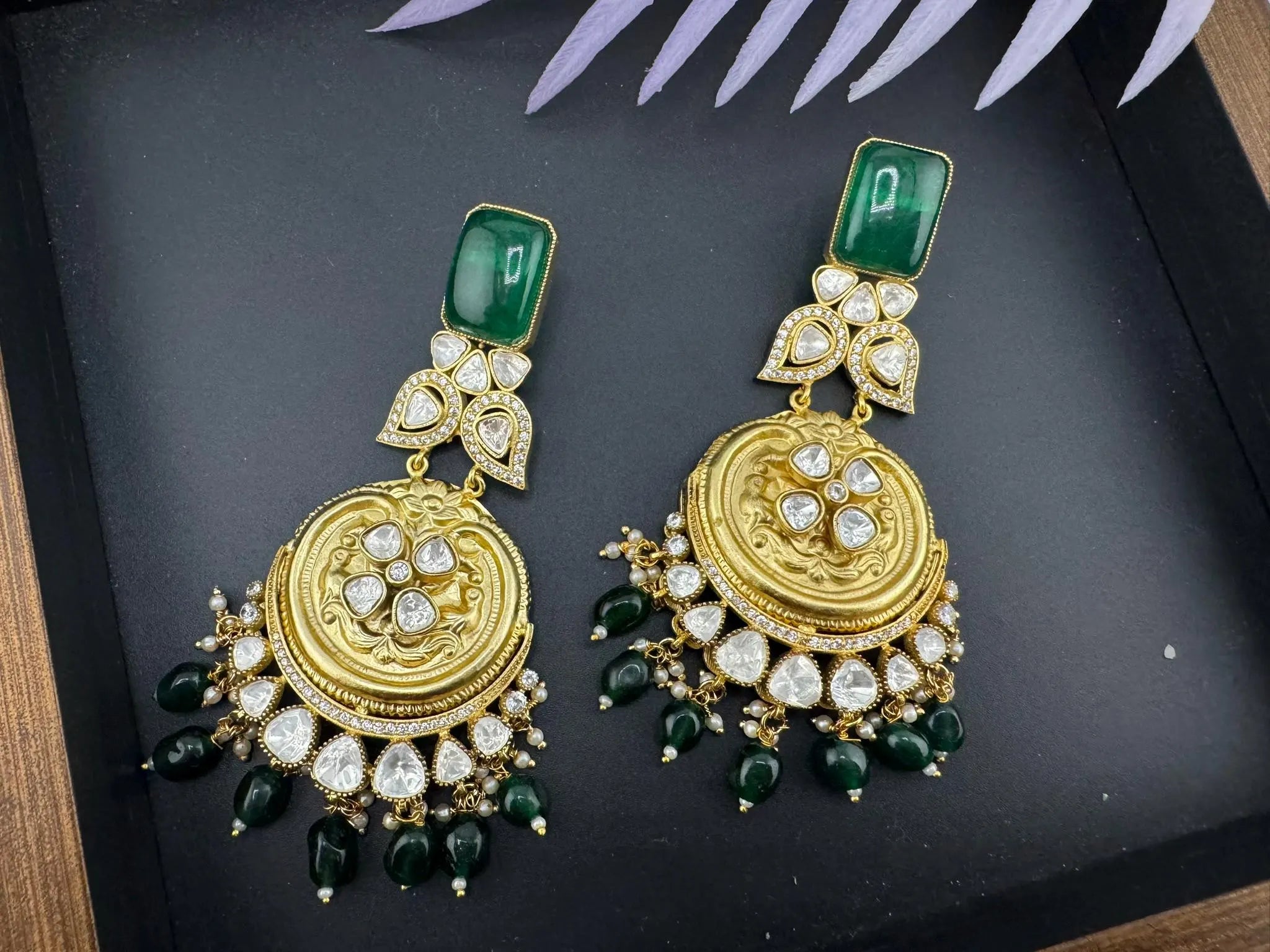 Amrapali Inspired Designer Premium Chandbali with Green stones, Moissanite Kundan and CZ long earrings