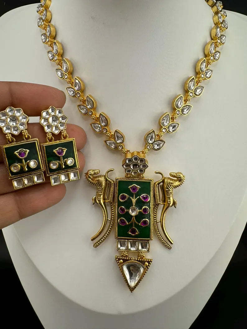 Green Amrapali Inspired, Premium Quality Inlay work on natural stone long Necklace