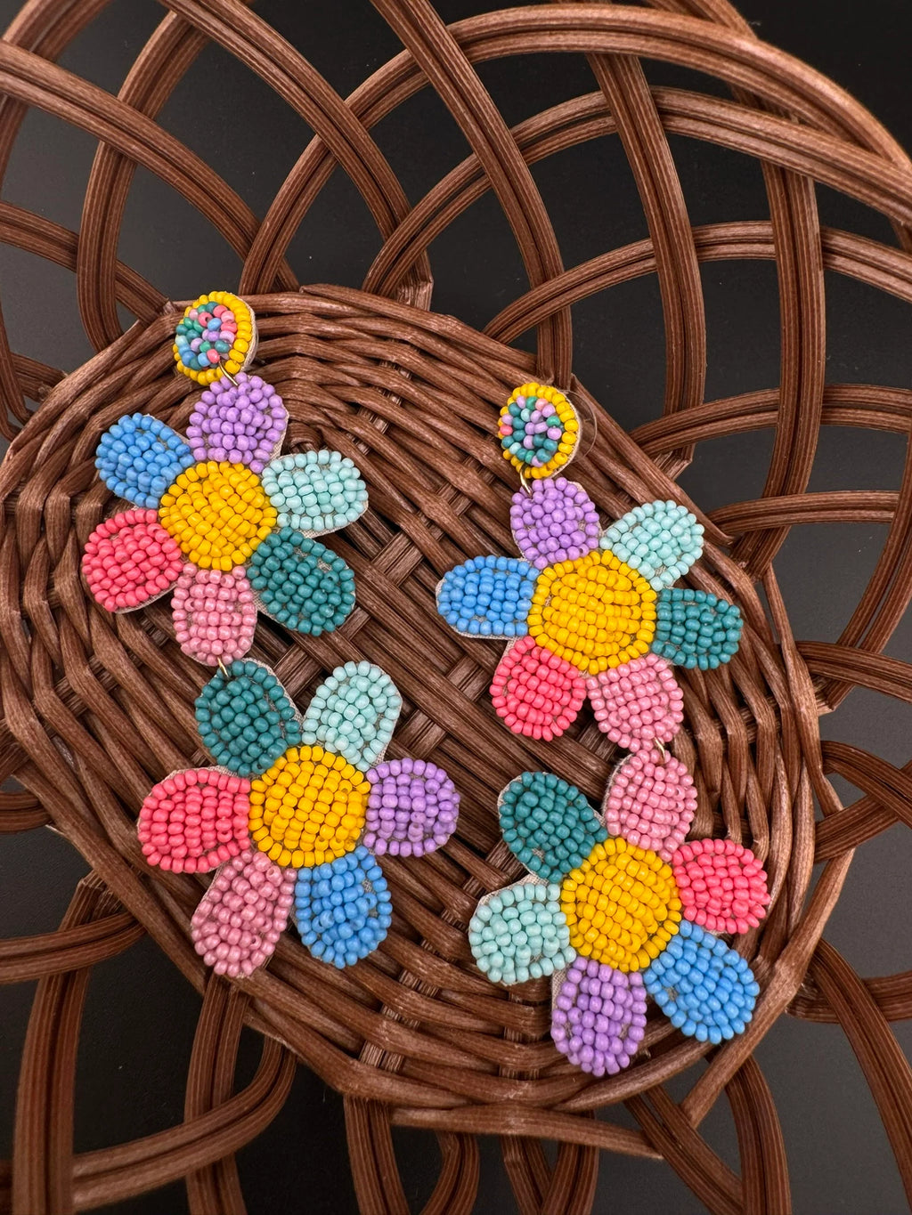 Beaded multicolor Long Quirky flower earrings / Handmade earrings