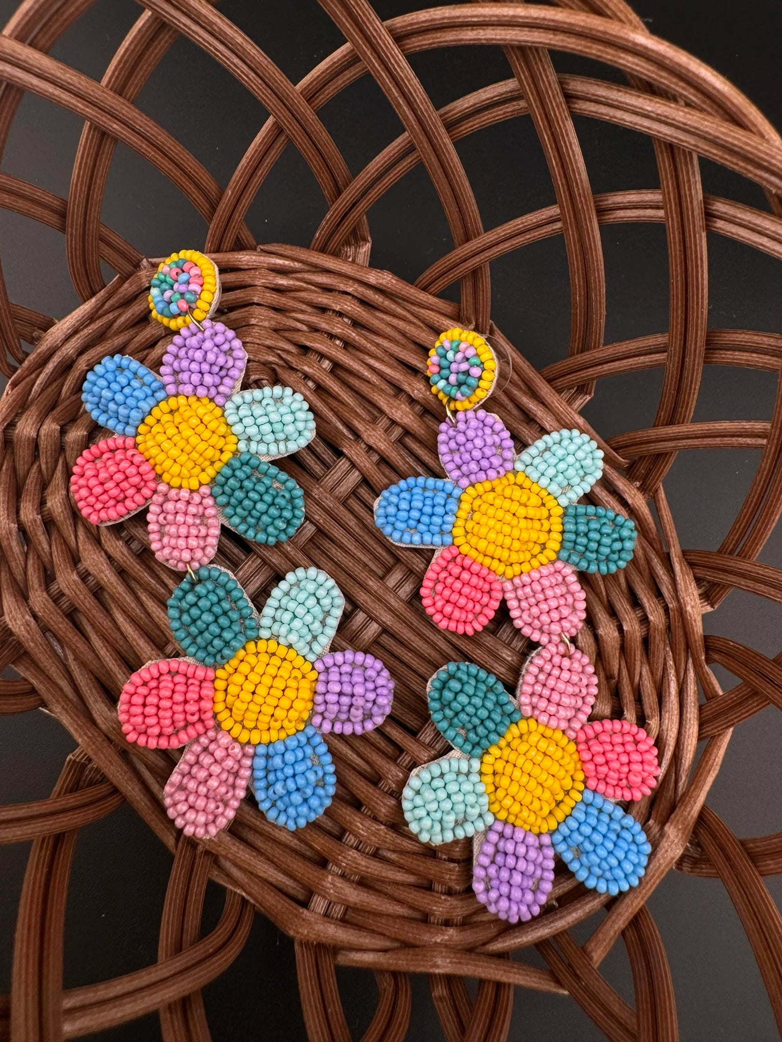 Beaded multicolor Long Quirky flower earrings / Handmade earrings