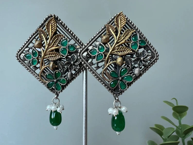 Green oxidized silver earring stud with stone and pearl, Oxidized silver earring