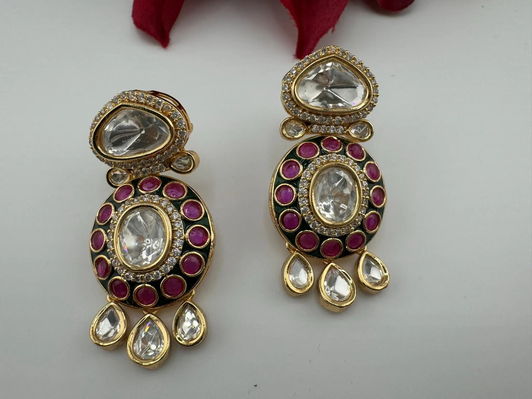 Amrapali inspired Premium Uncut Moissanite kundan with pachi kundan, CZ, Italian Minakari designer earrings