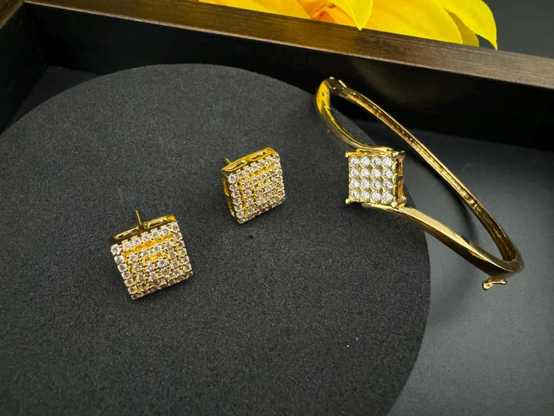 High Quality CZ Gold Polish cubic zirconia Studs with matching Bracelet