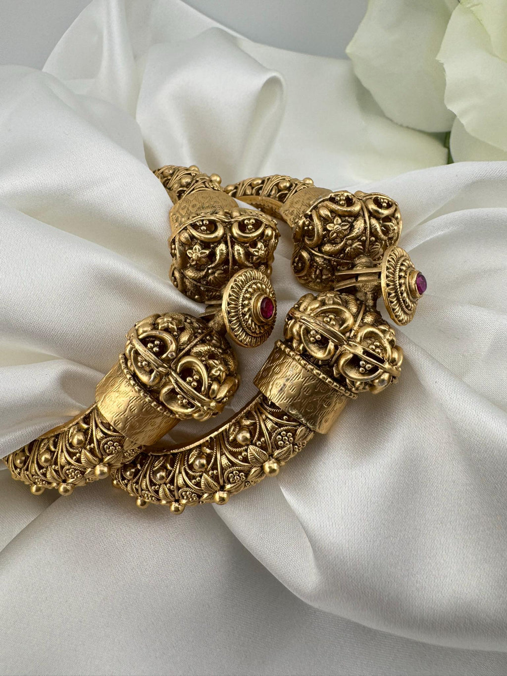 Amrapali inspired Designer Openable bangles in Matt Gold and ruby stones set of 2