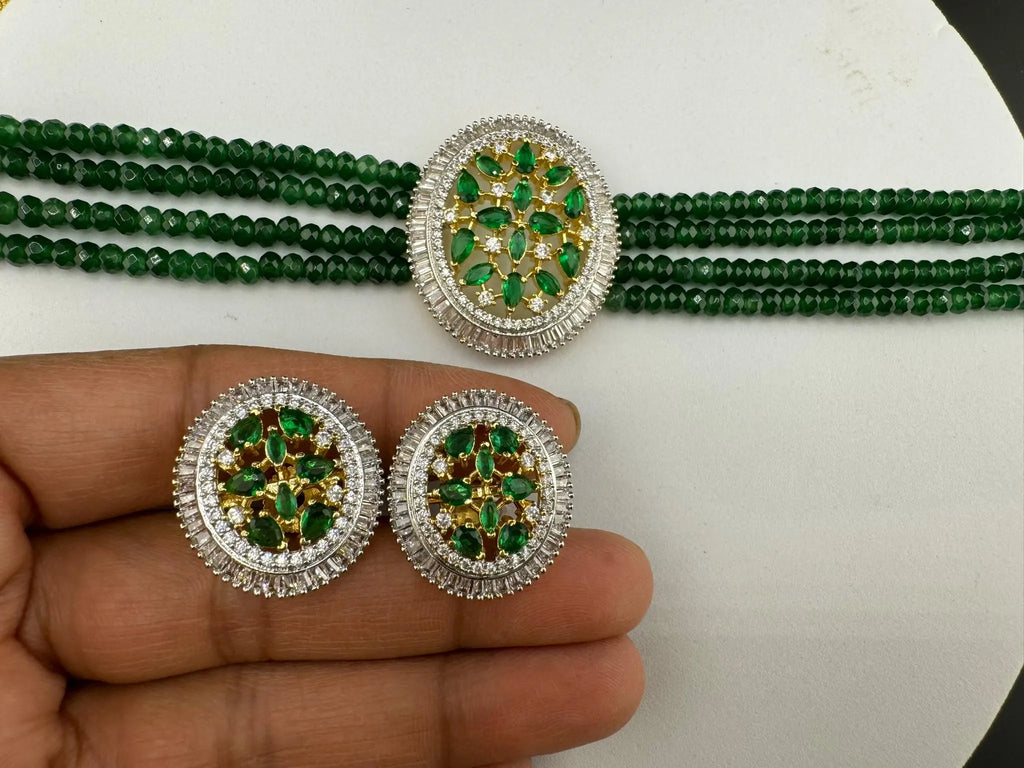 Premium Fusion necklace with CZ Pendant, natural stones and onyx beads choker Necklace set