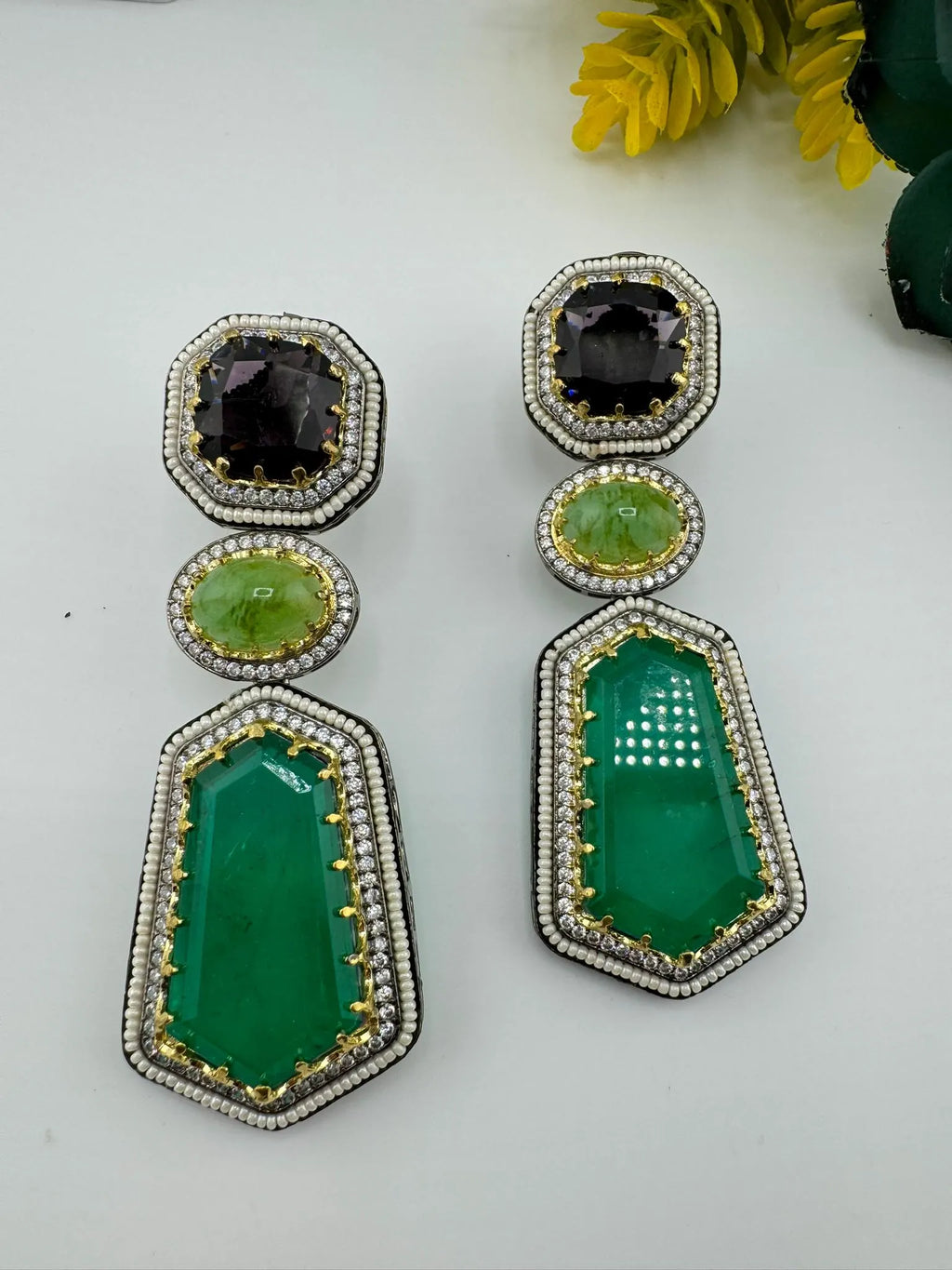 Sabyasachi Inspired designer Premium Purple and Green Victorian long earrings in CZ and pearls details