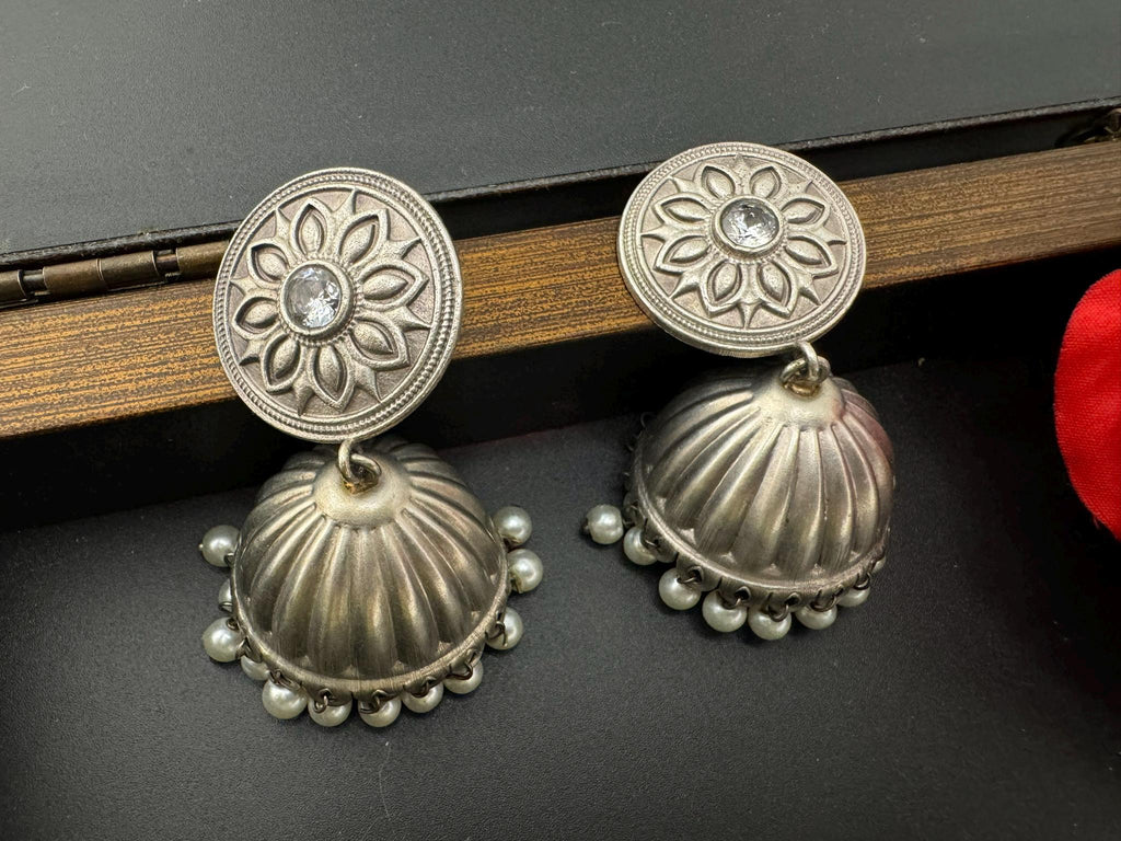 Silver Polish Premium Oxidized Jhumka earrings with CZ stone, pearls