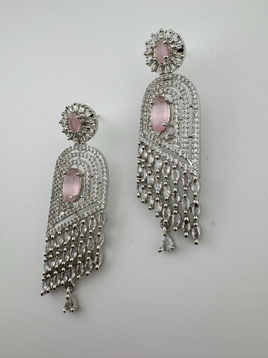 Pink Premium silver color Cubic Zirconia and Natural stone Long earrings