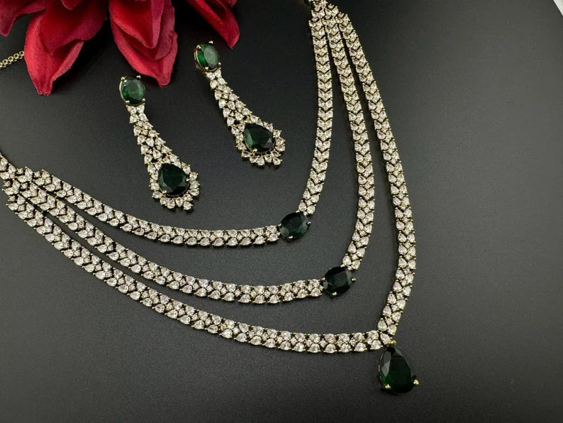 Victorian 3 layer Green Necklace set with long earrings