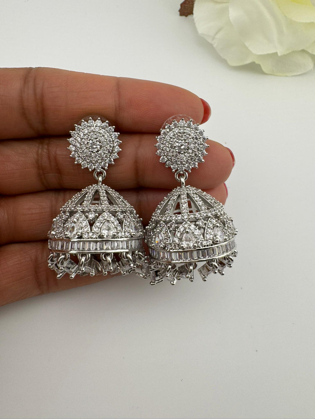 Silver polish Premium Jhumka in Cubic Zirconia Jhumki