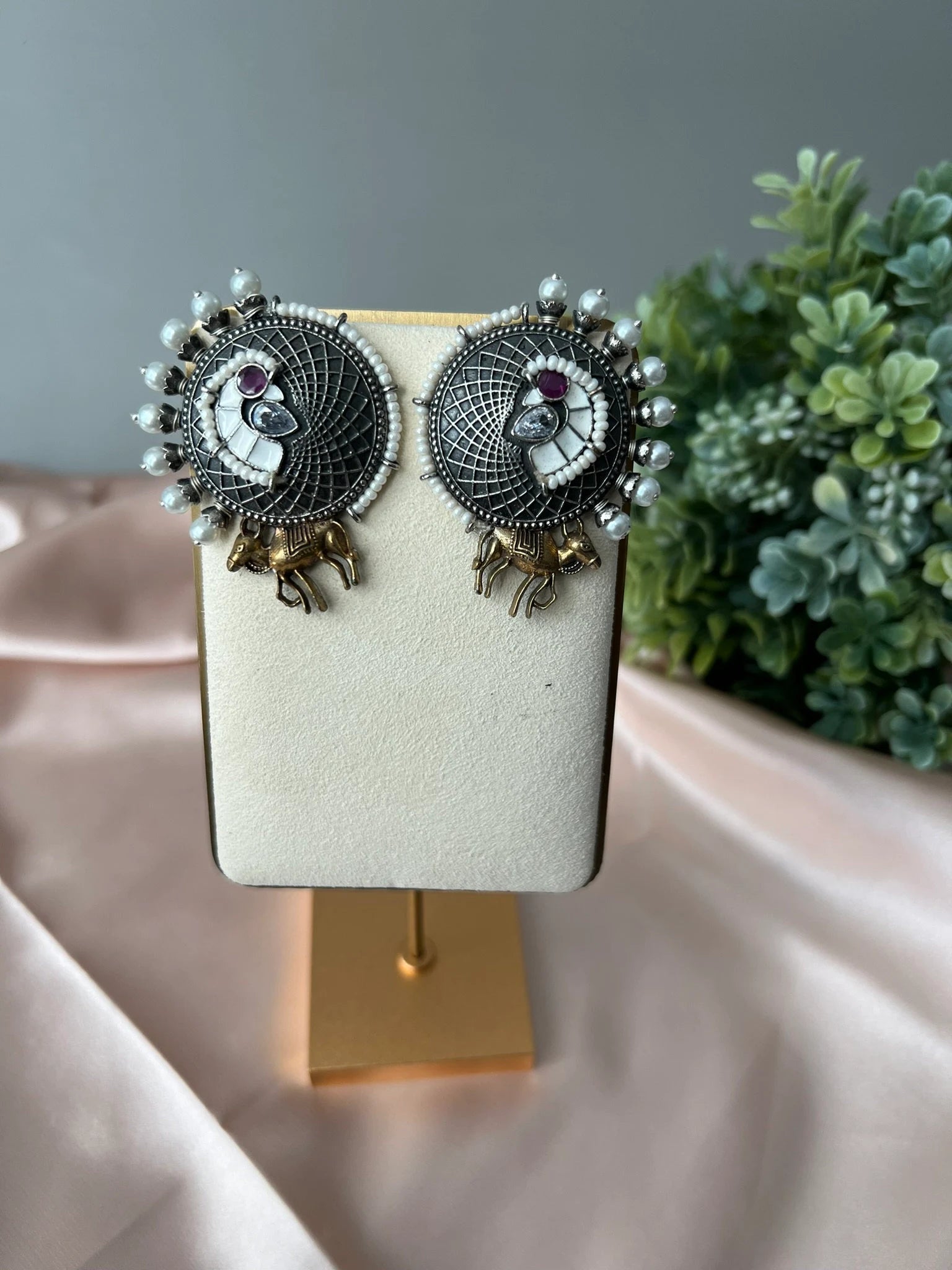 White Enamel oxidized silver earring stud with stone and pearls